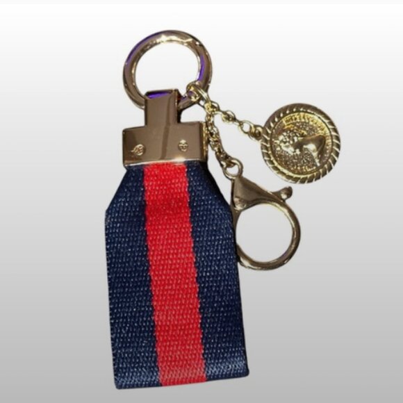 Navy Blue And Red Stripe Keychain Gold Tone Coin - Picture 1 of 5